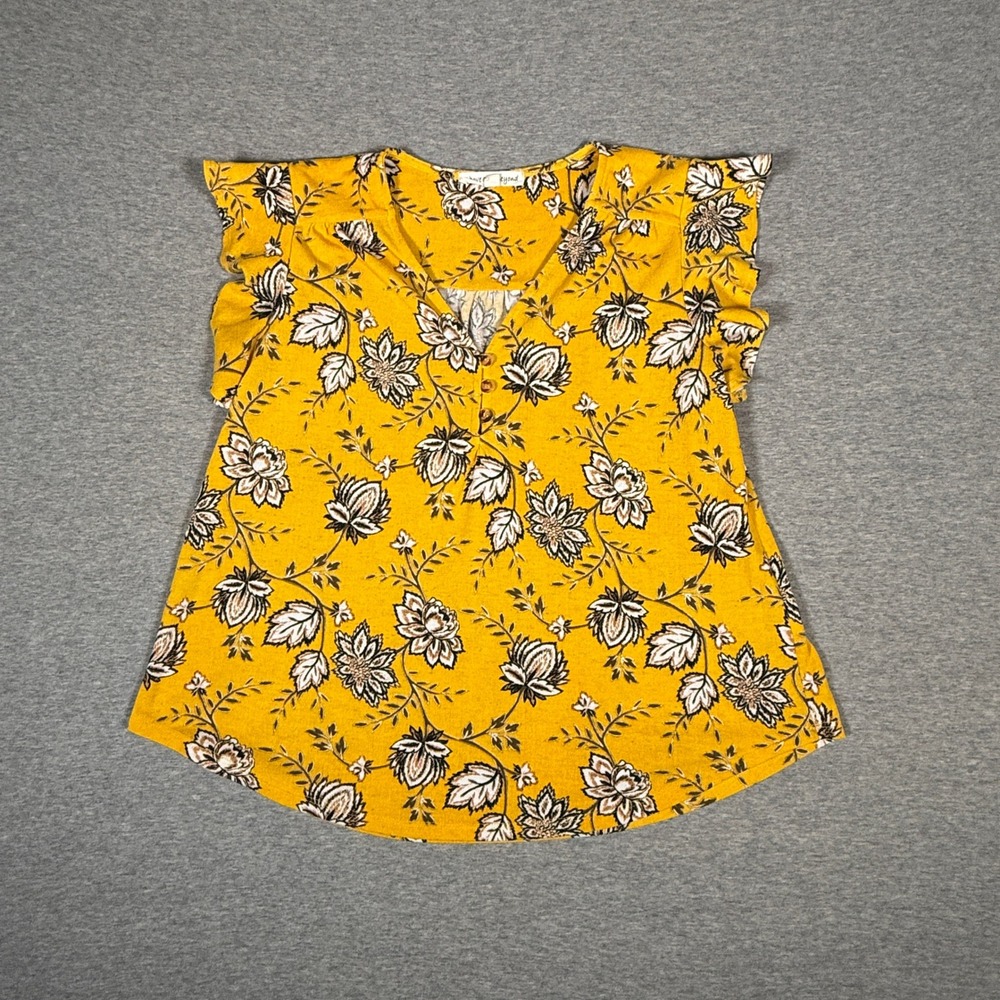 Above and Beyond Mustard Yellow Floral Ruffle Cap Sleeve Henley Blouse Top